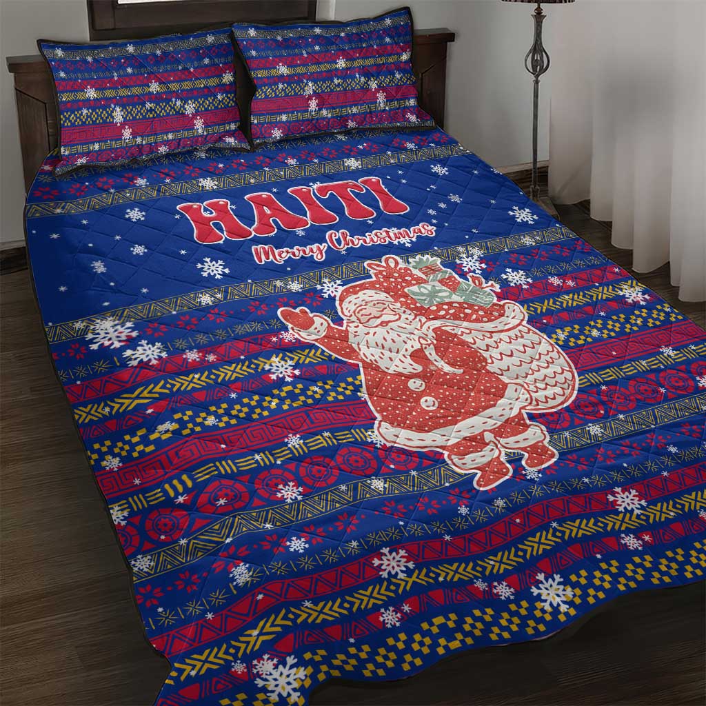 Haiti Christmas Quilt Bed Set with Blue Red Xmas Santa Snowflake and Map - Wonder Print Shop