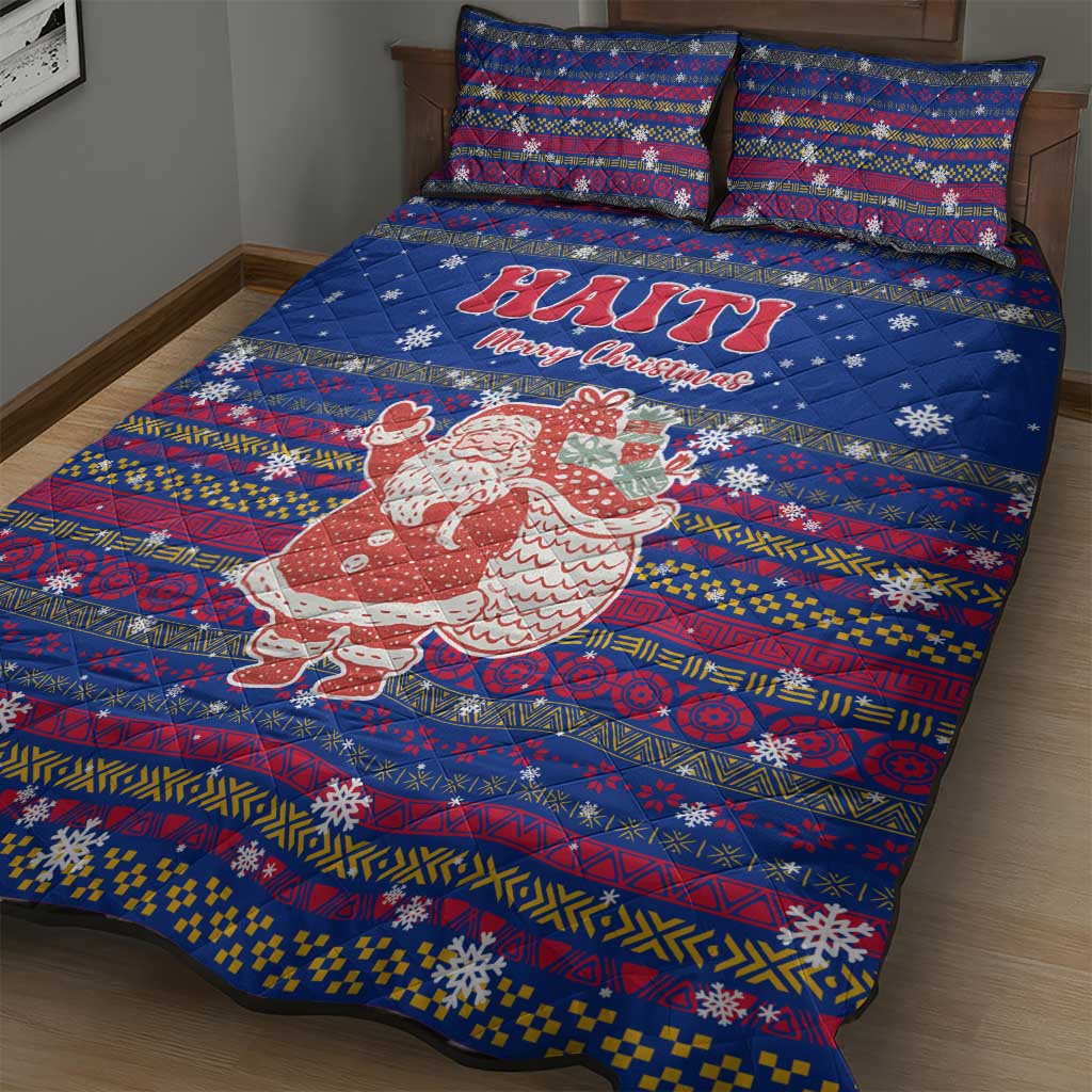 Haiti Christmas Quilt Bed Set with Blue Red Xmas Santa Snowflake and Map - Wonder Print Shop