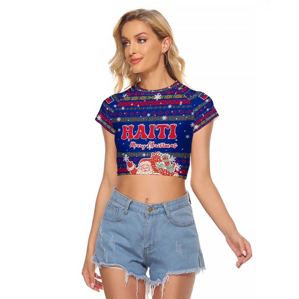 Haiti Christmas Raglan Cropped T Shirt with Blue Red Xmas Santa Snowflake and Map - Wonder Print Shop