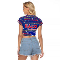 Haiti Christmas Raglan Cropped T Shirt with Blue Red Xmas Santa Snowflake and Map - Wonder Print Shop