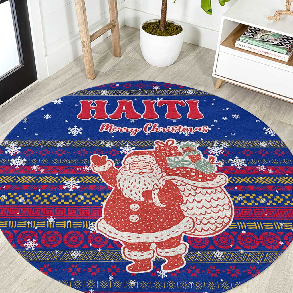 Haiti Christmas Round Carpet with Blue Red Xmas Santa Snowflake and Map - Wonder Print Shop