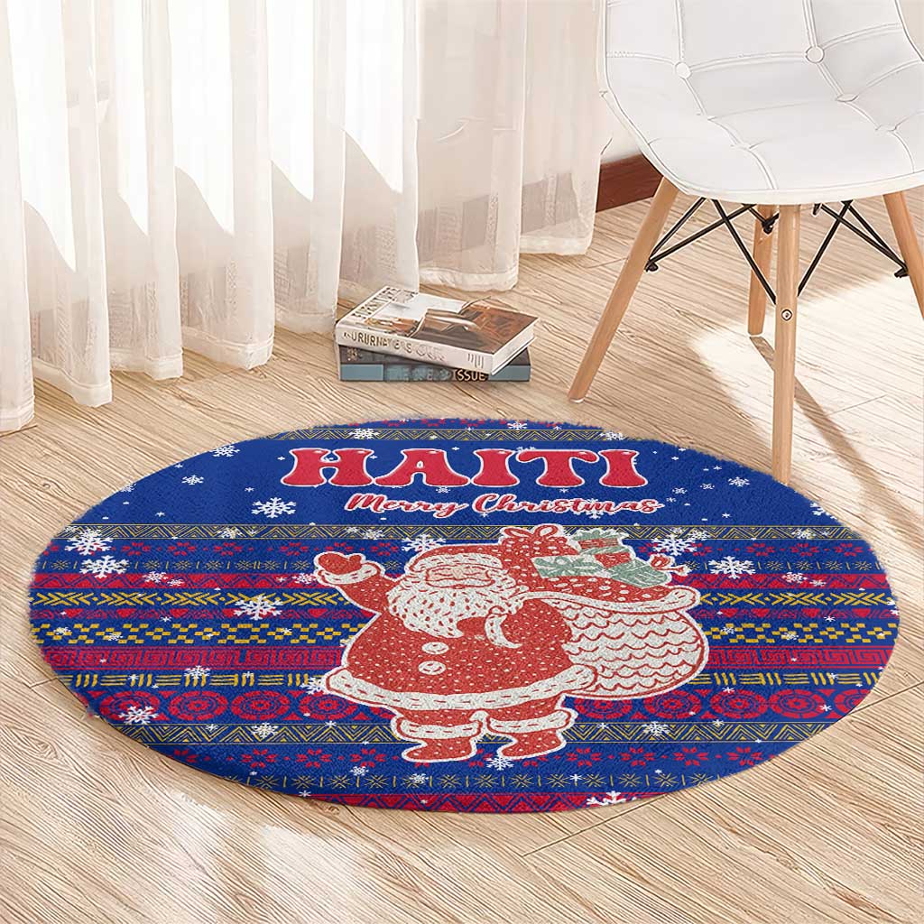 Haiti Christmas Round Carpet with Blue Red Xmas Santa Snowflake and Map - Wonder Print Shop