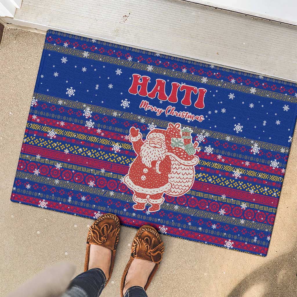 Haiti Christmas Rubber Doormat with Blue Red Xmas Santa Snowflake and Map - Wonder Print Shop