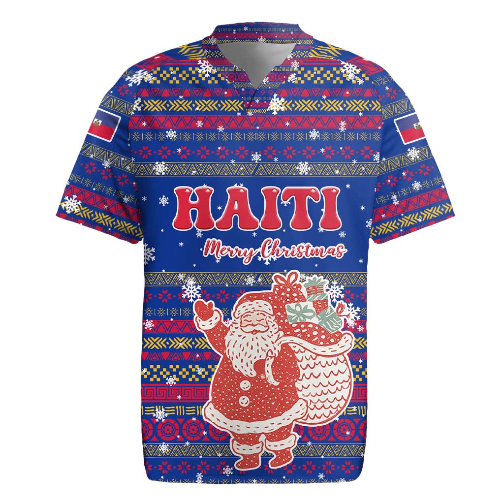 Haiti Christmas Rugby Jersey with Blue Red Xmas Santa Snowflake and Map - Wonder Print Shop