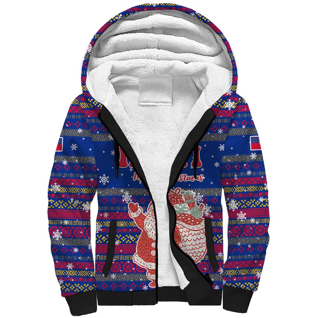 Haiti Christmas Sherpa Hoodie with Blue Red Xmas Santa Snowflake and Map - Wonder Print Shop