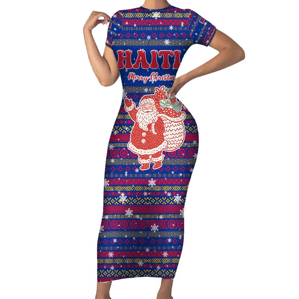 Haiti Christmas Short Sleeve Bodycon Dress with Blue Red Xmas Santa Snowflake and Map - Wonder Print Shop