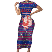 Haiti Christmas Short Sleeve Bodycon Dress with Blue Red Xmas Santa Snowflake and Map - Wonder Print Shop