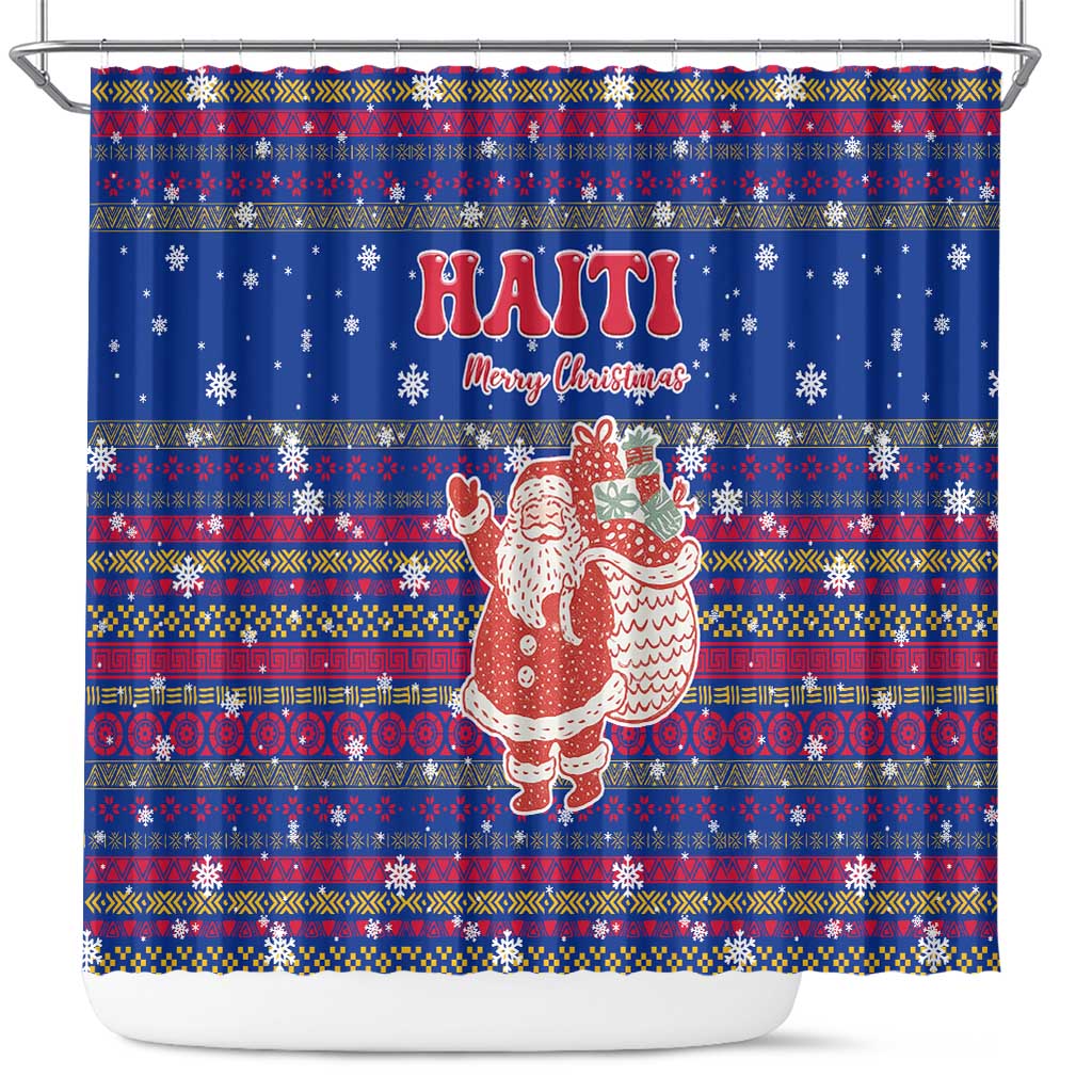 Haiti Christmas Shower Curtain with Blue Red Xmas Santa Snowflake and Map - Wonder Print Shop