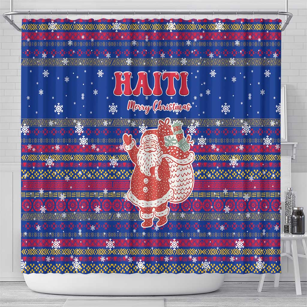 Haiti Christmas Shower Curtain with Blue Red Xmas Santa Snowflake and Map - Wonder Print Shop