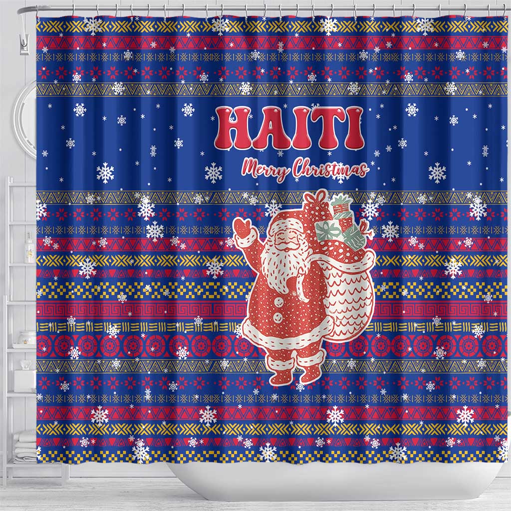 Haiti Christmas Shower Curtain with Blue Red Xmas Santa Snowflake and Map - Wonder Print Shop