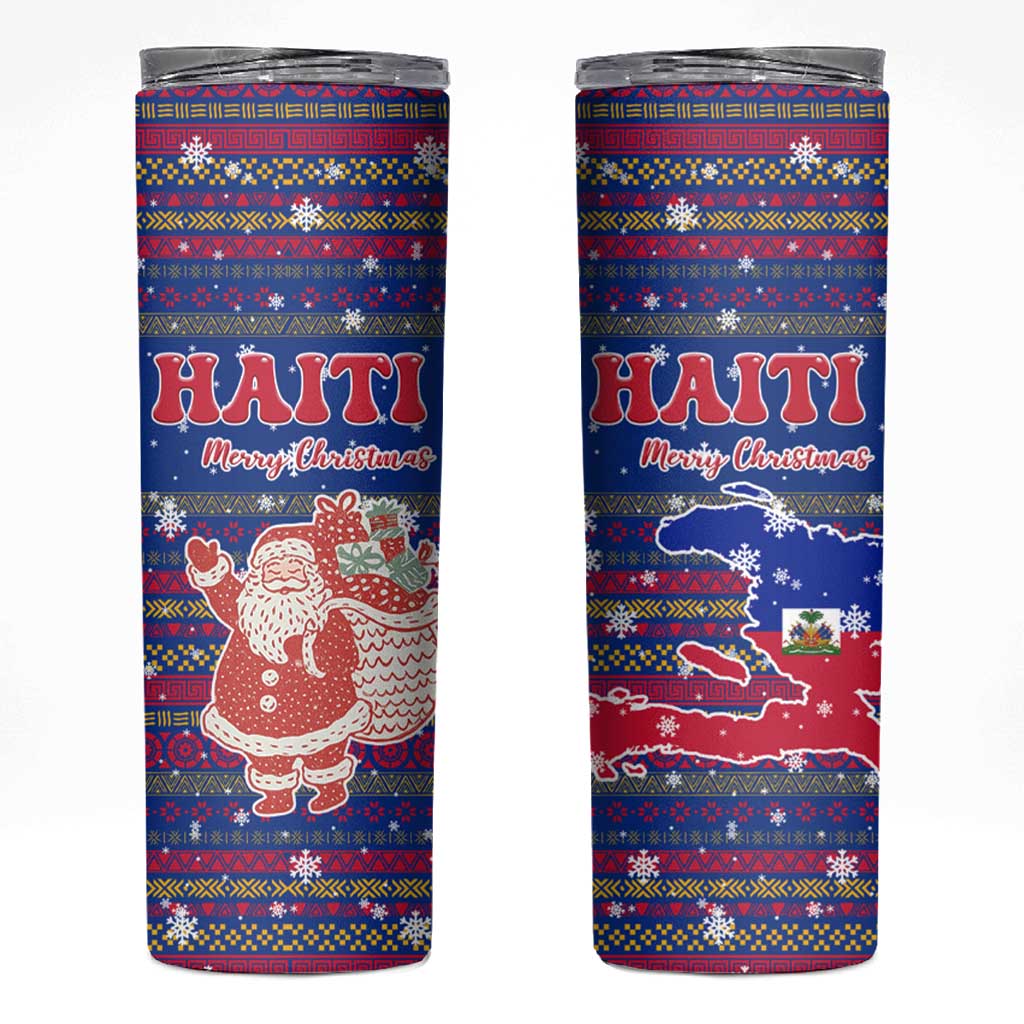 Haiti Christmas Skinny Tumbler with Blue Red Xmas Santa Snowflake and Map - Wonder Print Shop