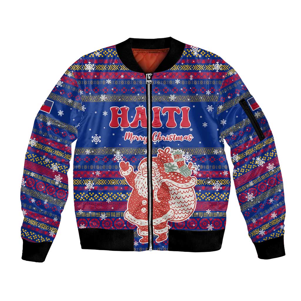 Haiti Christmas Sleeve Zip Bomber Jacket with Blue Red Xmas Santa Snowflake and Map - Wonder Print Shop