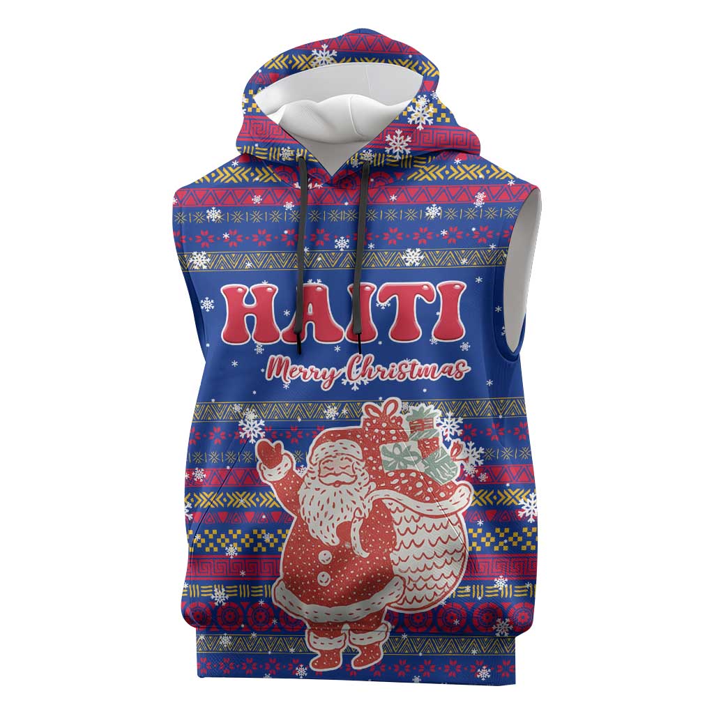Haiti Christmas Sleeveless Hoodie with Blue Red Xmas Santa Snowflake and Map - Wonder Print Shop