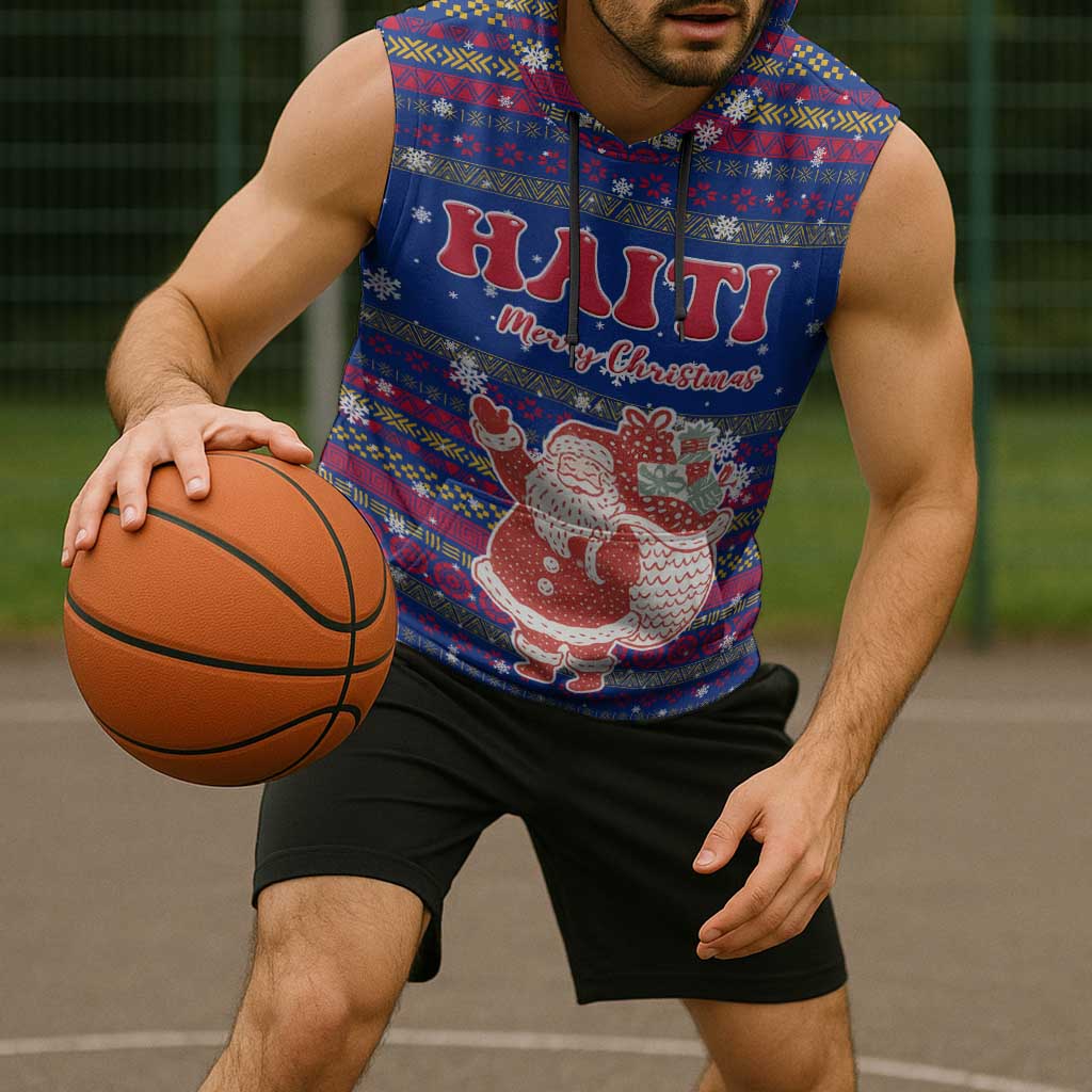 Haiti Christmas Sleeveless Hoodie with Blue Red Xmas Santa Snowflake and Map - Wonder Print Shop