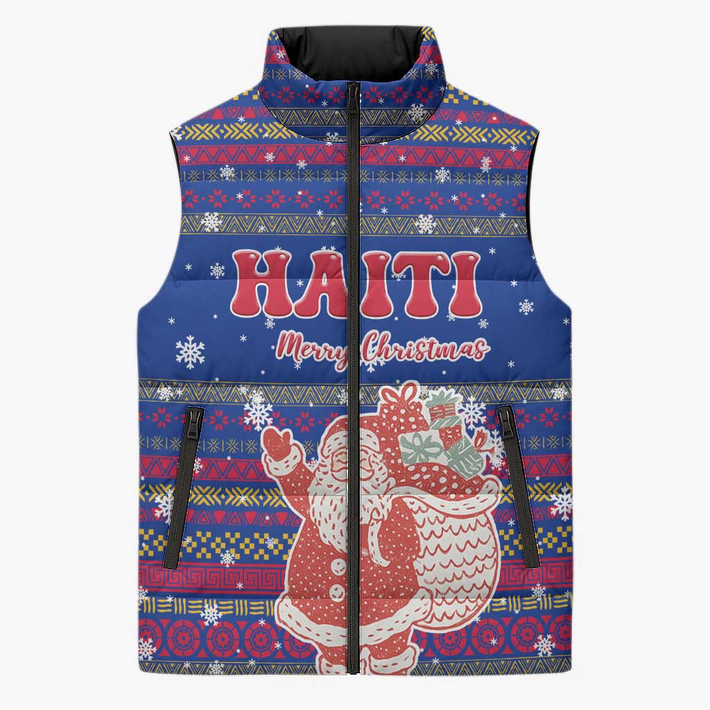 Haiti Christmas Sleeveless Puffer Jacket with Blue Red Xmas Santa Snowflake and Map - Wonder Print Shop