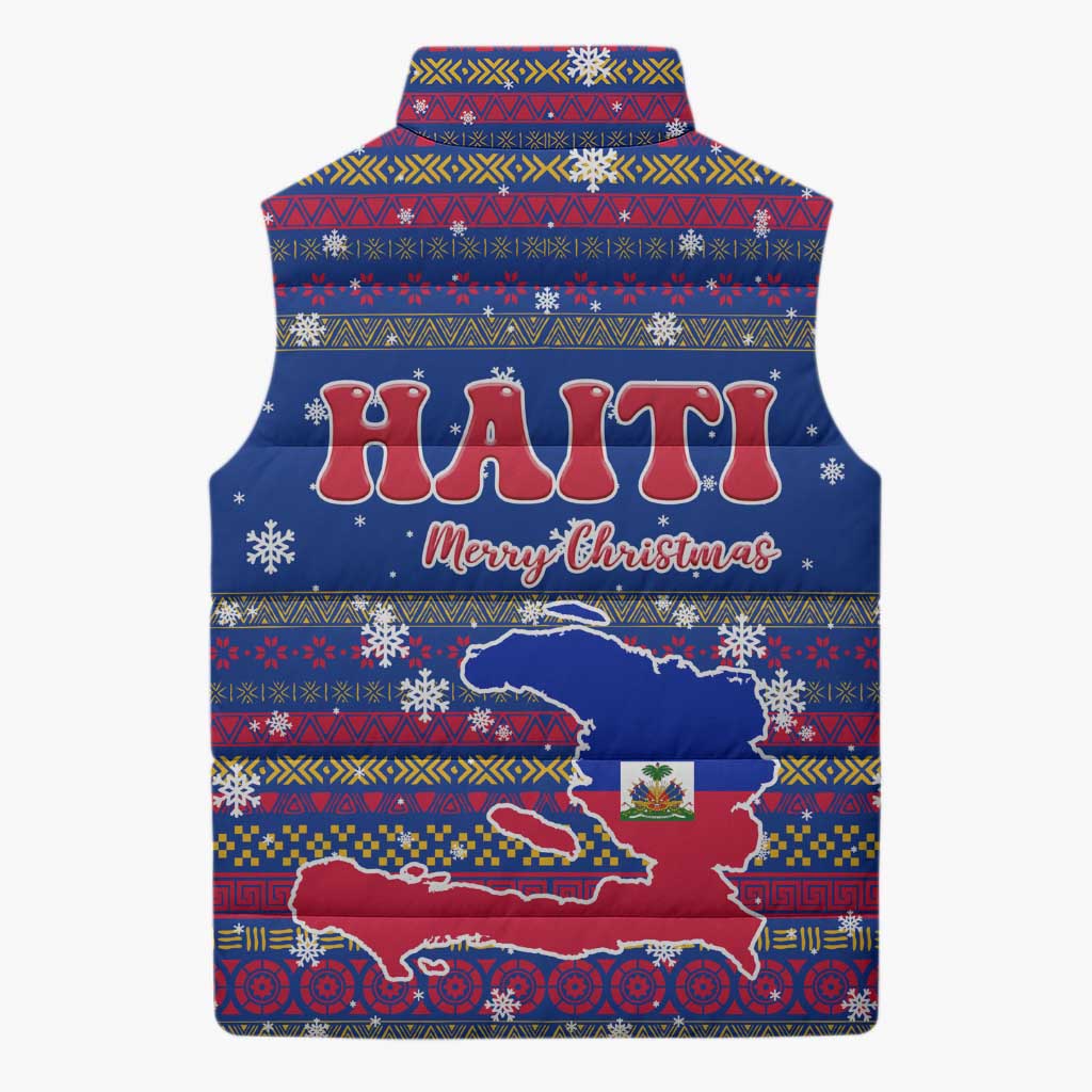 Haiti Christmas Sleeveless Puffer Jacket with Blue Red Xmas Santa Snowflake and Map - Wonder Print Shop