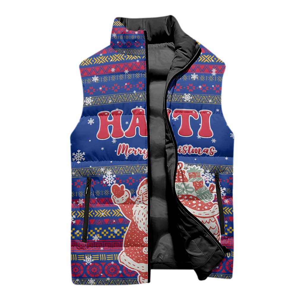 Haiti Christmas Sleeveless Puffer Jacket with Blue Red Xmas Santa Snowflake and Map - Wonder Print Shop