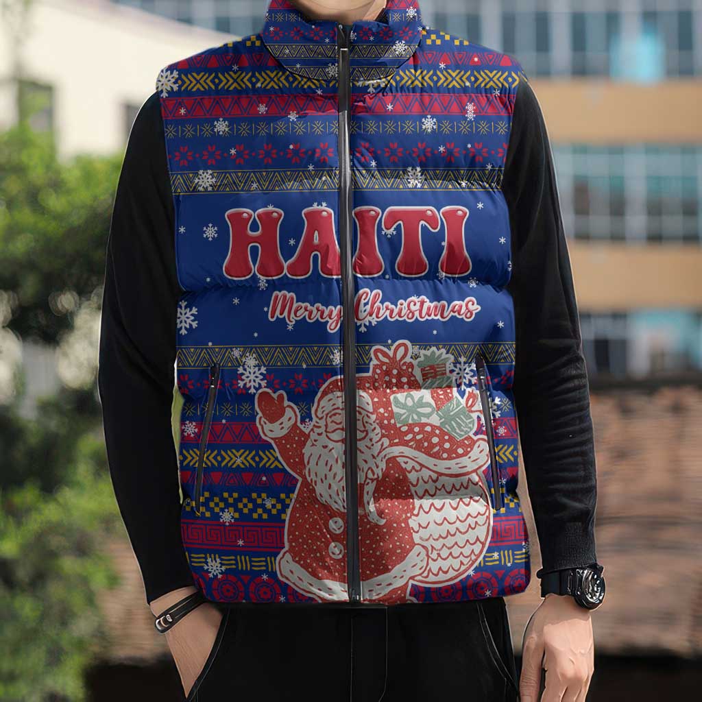 Haiti Christmas Sleeveless Puffer Jacket with Blue Red Xmas Santa Snowflake and Map - Wonder Print Shop