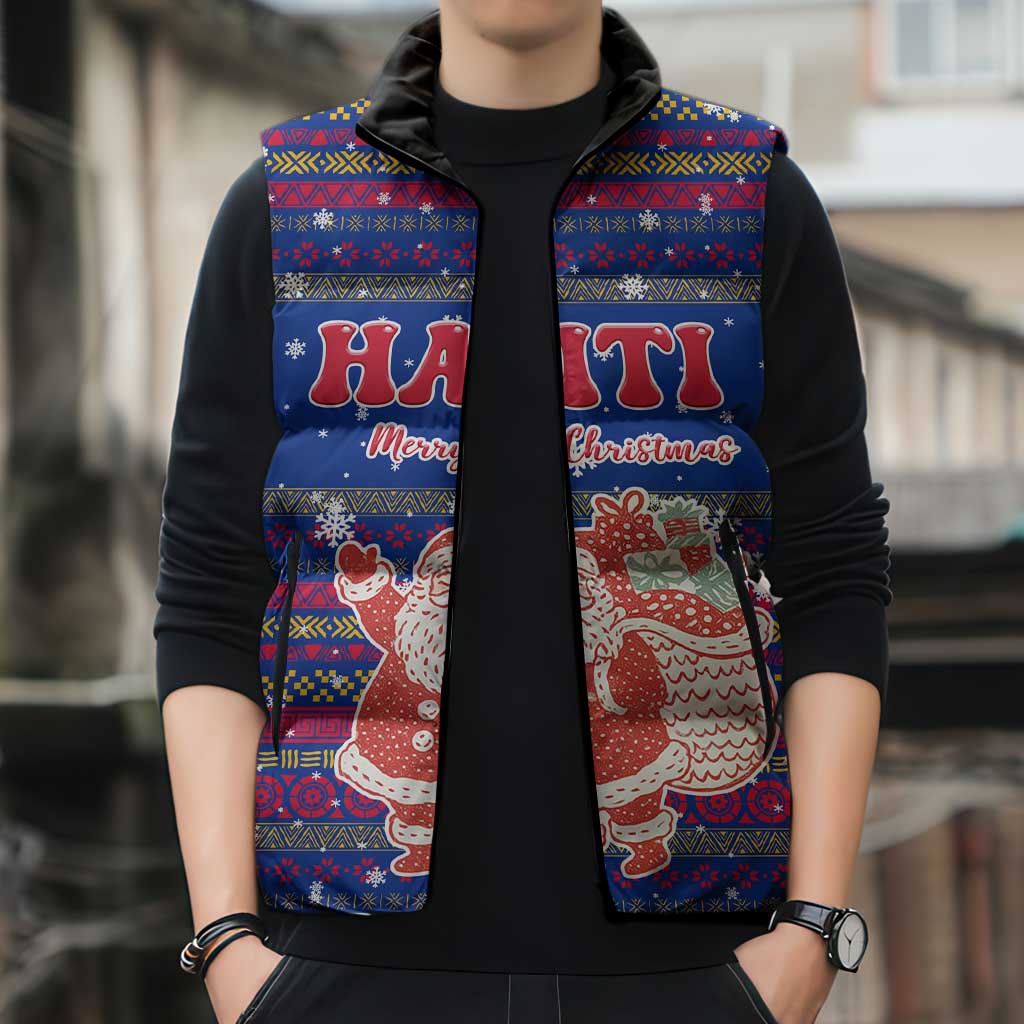 Haiti Christmas Sleeveless Puffer Jacket with Blue Red Xmas Santa Snowflake and Map - Wonder Print Shop