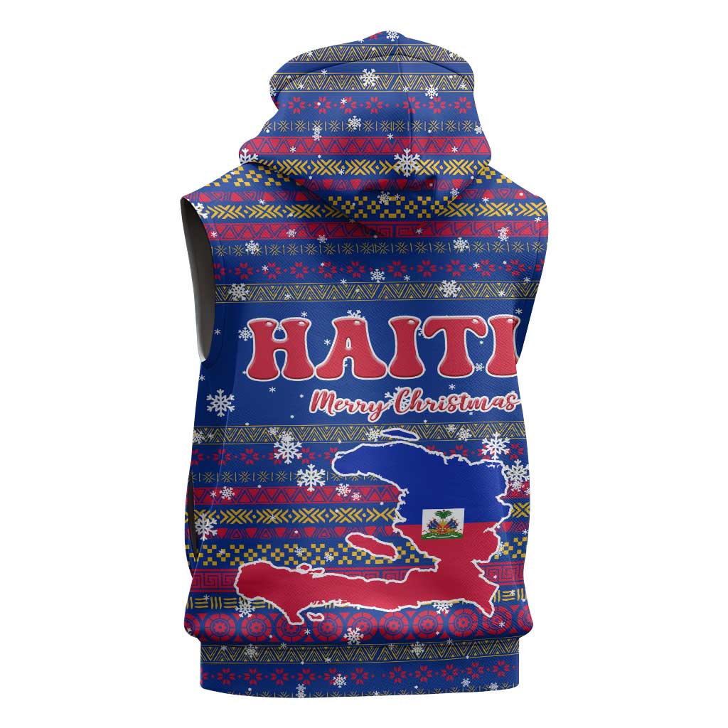 Haiti Christmas Sleeveless Zip Hoodie with Blue Red Xmas Santa Snowflake and Map - Wonder Print Shop