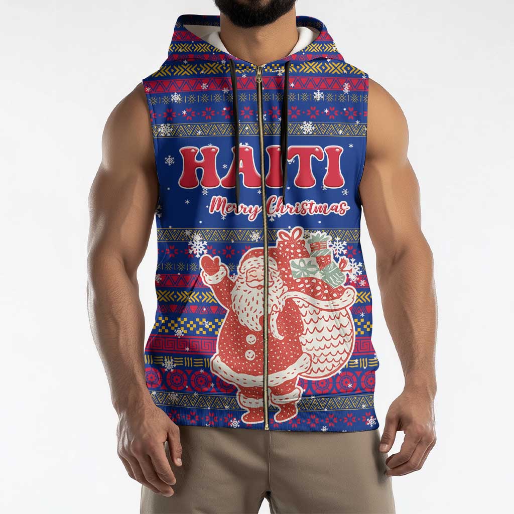 Haiti Christmas Sleeveless Zip Hoodie with Blue Red Xmas Santa Snowflake and Map - Wonder Print Shop