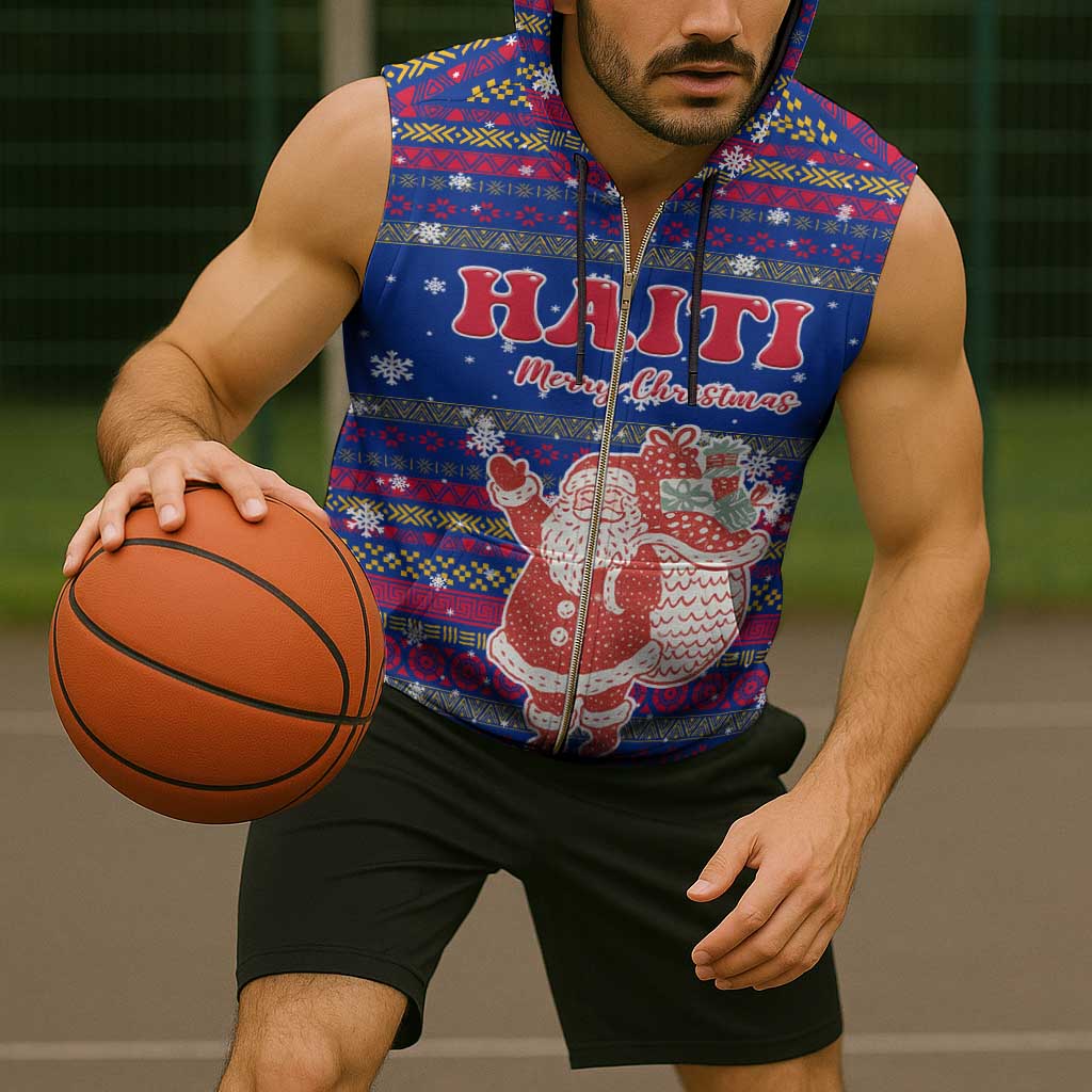 Haiti Christmas Sleeveless Zip Hoodie with Blue Red Xmas Santa Snowflake and Map - Wonder Print Shop