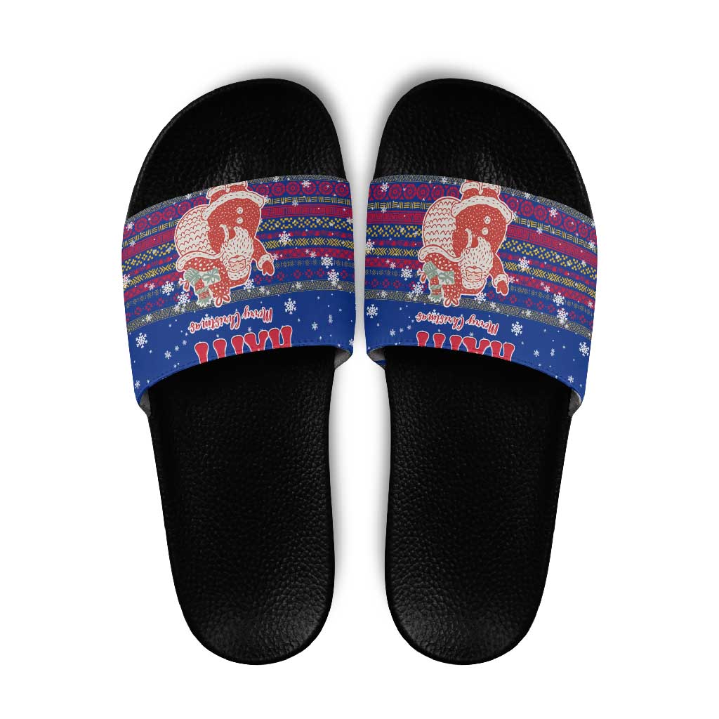 Haiti Christmas Slide Sandals with Blue Red Xmas Santa Snowflake and Map - Wonder Print Shop
