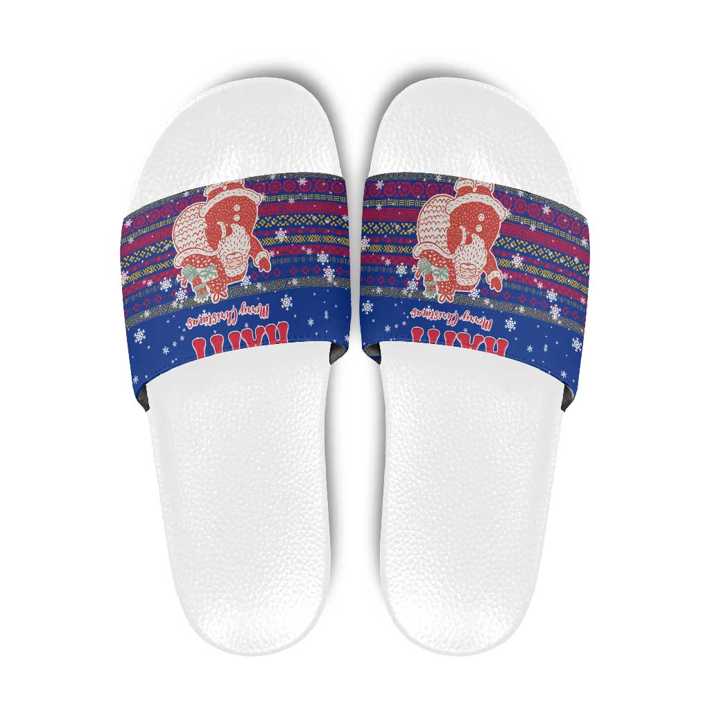 Haiti Christmas Slide Sandals with Blue Red Xmas Santa Snowflake and Map - Wonder Print Shop