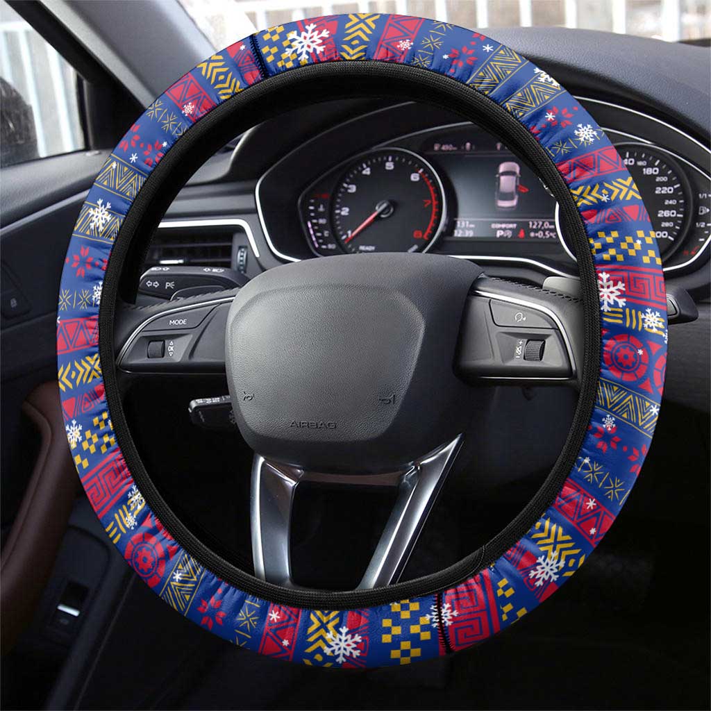 Haiti Christmas Steering Wheel Cover with Blue Red Xmas Santa Snowflake and Map - Wonder Print Shop