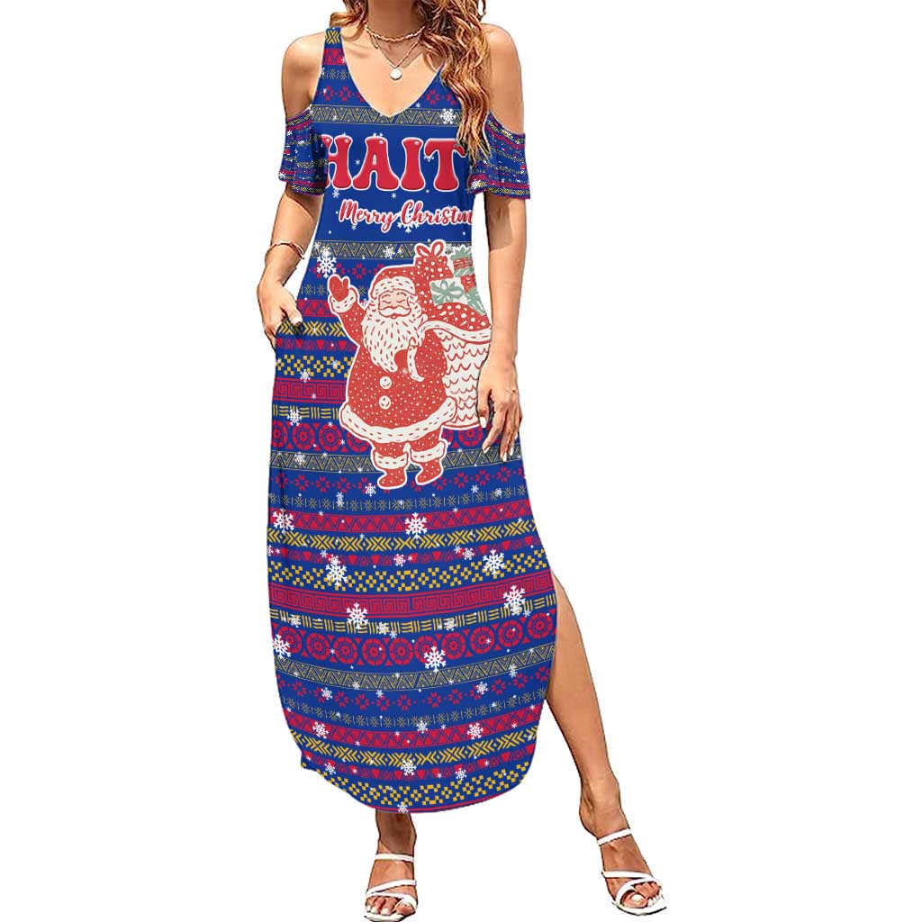 Haiti Christmas Summer Maxi Dress with Blue Red Xmas Santa Snowflake and Map - Wonder Print Shop