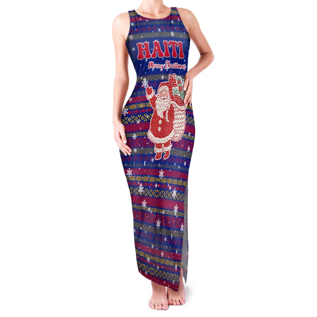 Haiti Christmas Tank Maxi Dress with Blue Red Xmas Santa Snowflake and Map - Wonder Print Shop
