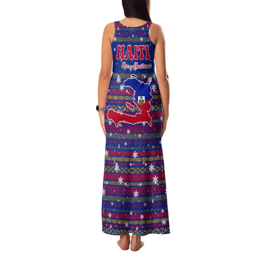 Haiti Christmas Tank Maxi Dress with Blue Red Xmas Santa Snowflake and Map - Wonder Print Shop