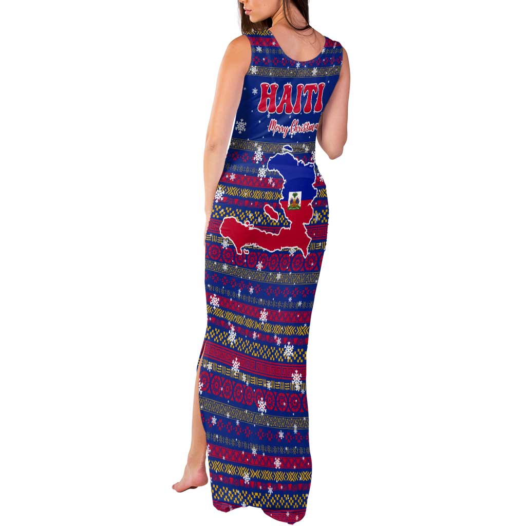 Haiti Christmas Tank Maxi Dress with Blue Red Xmas Santa Snowflake and Map - Wonder Print Shop
