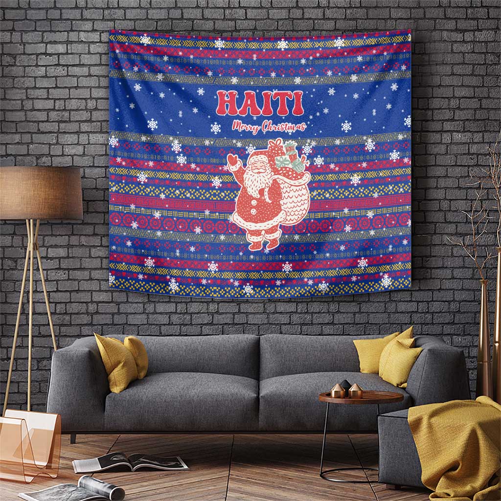 Haiti Christmas Tapestry with Blue Red Xmas Santa Snowflake and Map - Wonder Print Shop