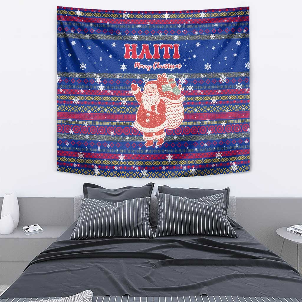 Haiti Christmas Tapestry with Blue Red Xmas Santa Snowflake and Map - Wonder Print Shop
