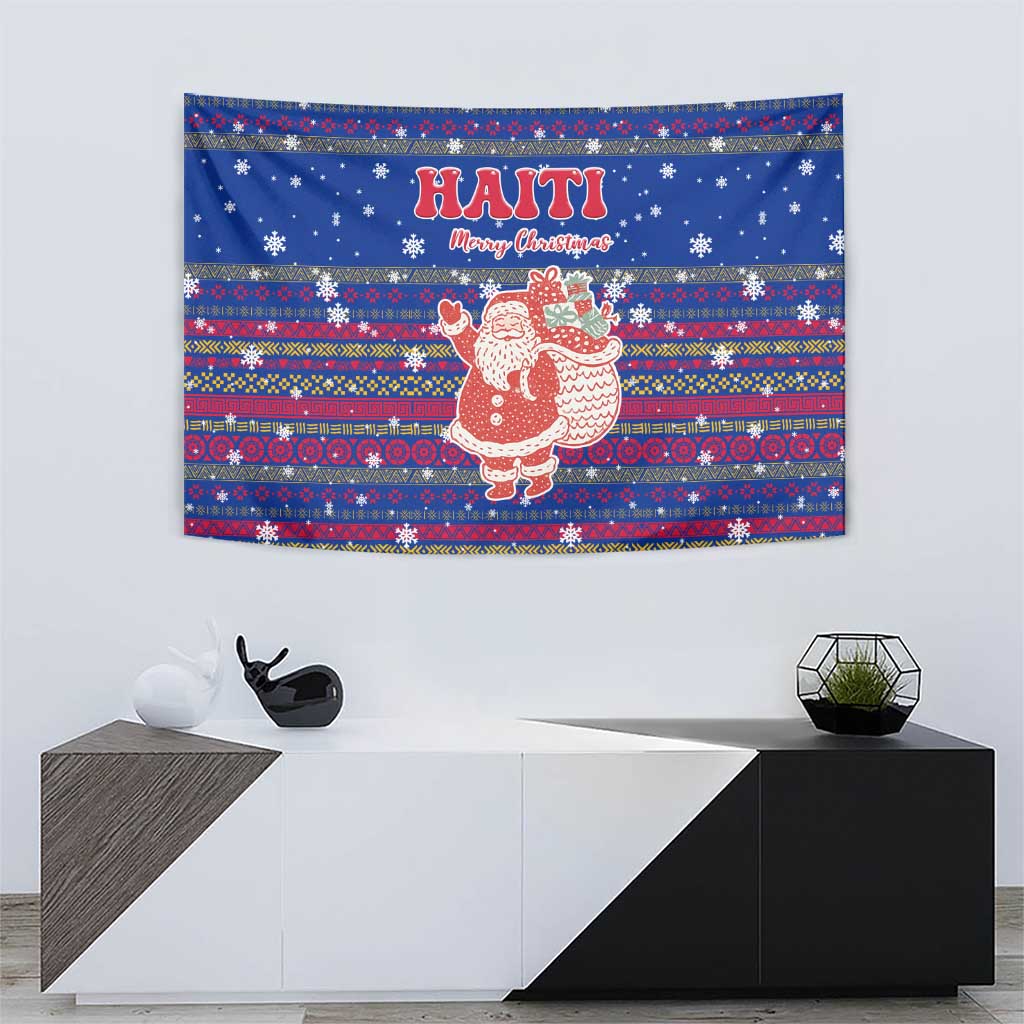 Haiti Christmas Tapestry with Blue Red Xmas Santa Snowflake and Map - Wonder Print Shop