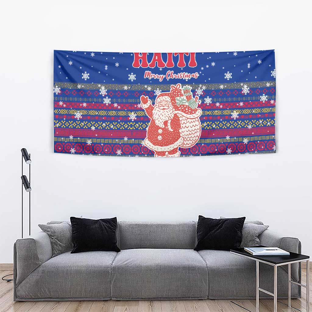Haiti Christmas Tapestry with Blue Red Xmas Santa Snowflake and Map - Wonder Print Shop