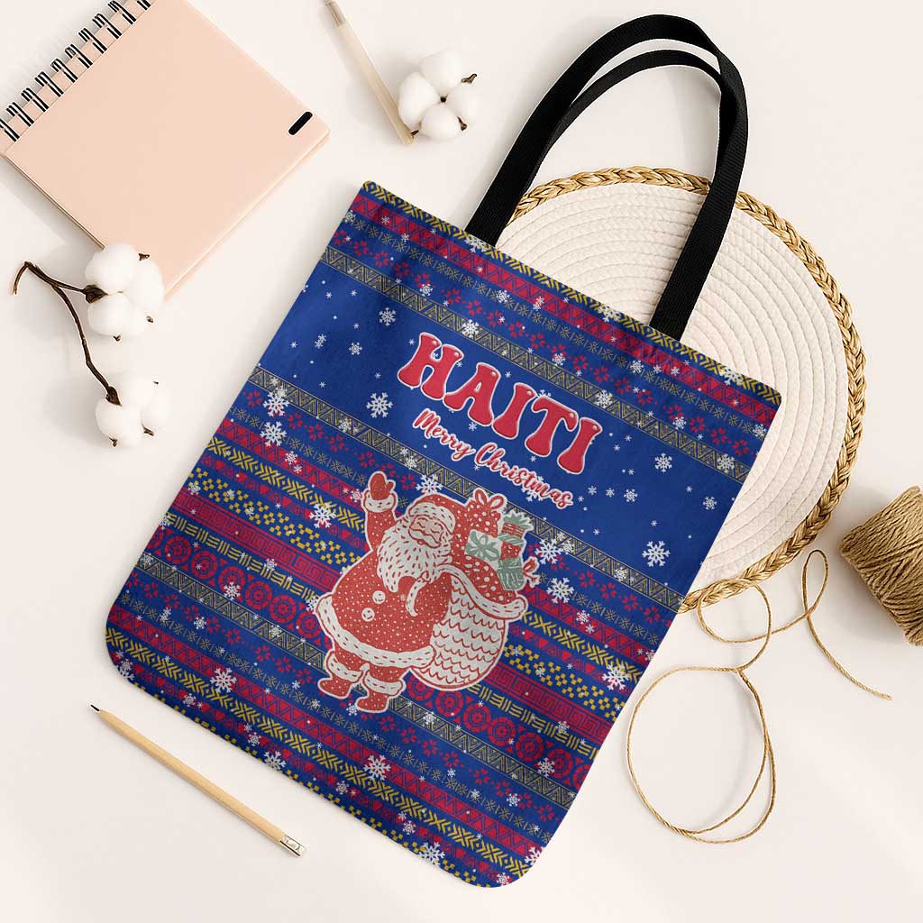 Haiti Christmas Tote Bag with Blue Red Xmas Santa Snowflake and Map - Wonder Print Shop