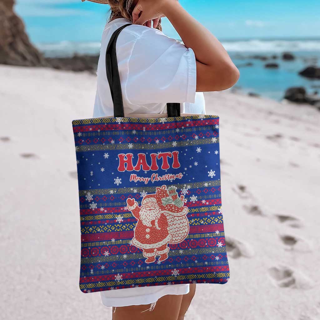 Haiti Christmas Tote Bag with Blue Red Xmas Santa Snowflake and Map - Wonder Print Shop