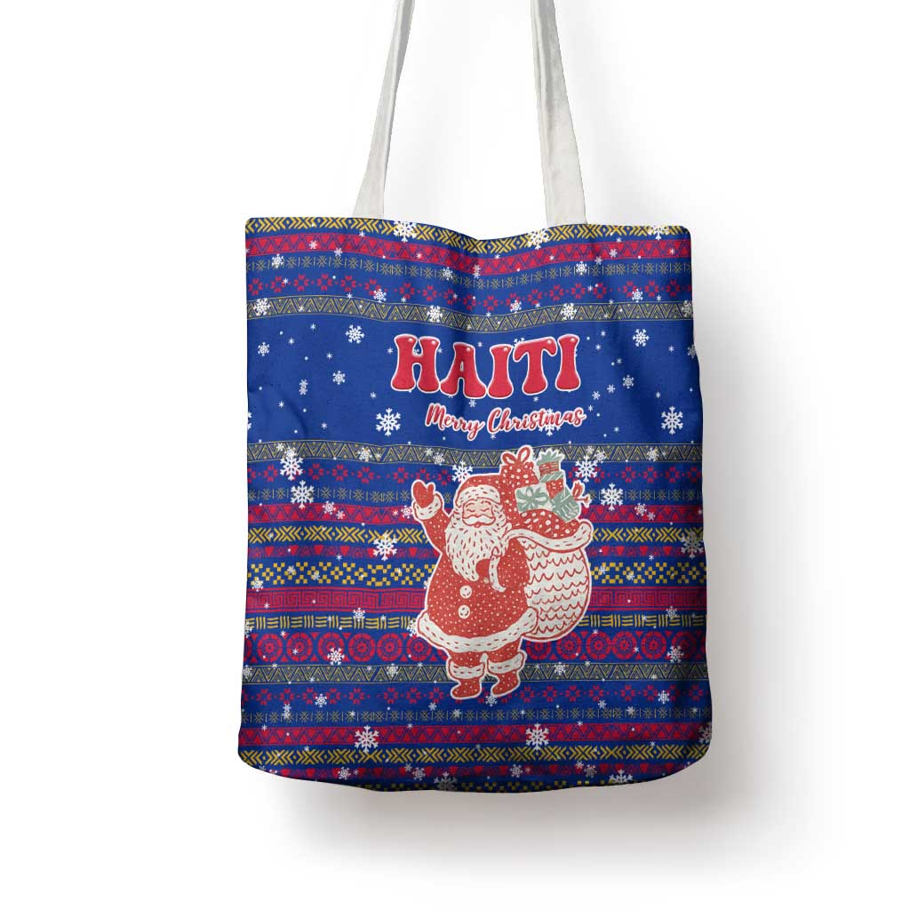 Haiti Christmas Tote Bag with Blue Red Xmas Santa Snowflake and Map - Wonder Print Shop