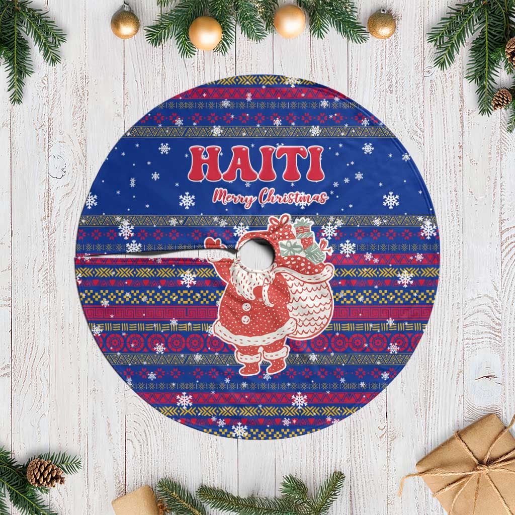 Haiti Christmas Tree Skirt with Blue Red Xmas Santa Snowflake and Map - Wonder Print Shop