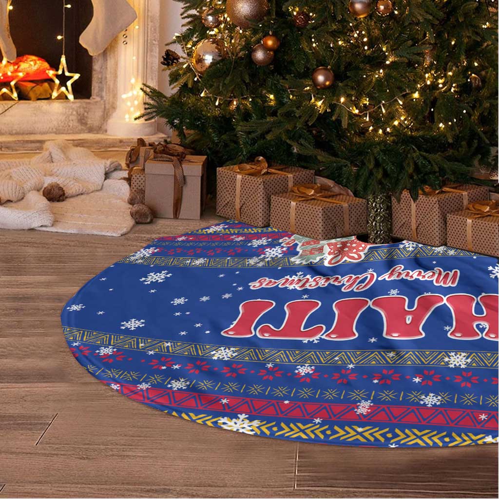 Haiti Christmas Tree Skirt with Blue Red Xmas Santa Snowflake and Map - Wonder Print Shop