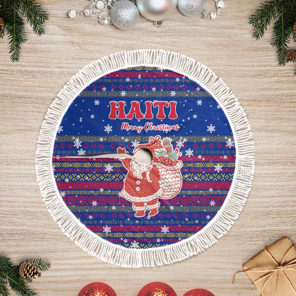 Haiti Christmas Tree Skirt with Blue Red Xmas Santa Snowflake and Map - Wonder Print Shop