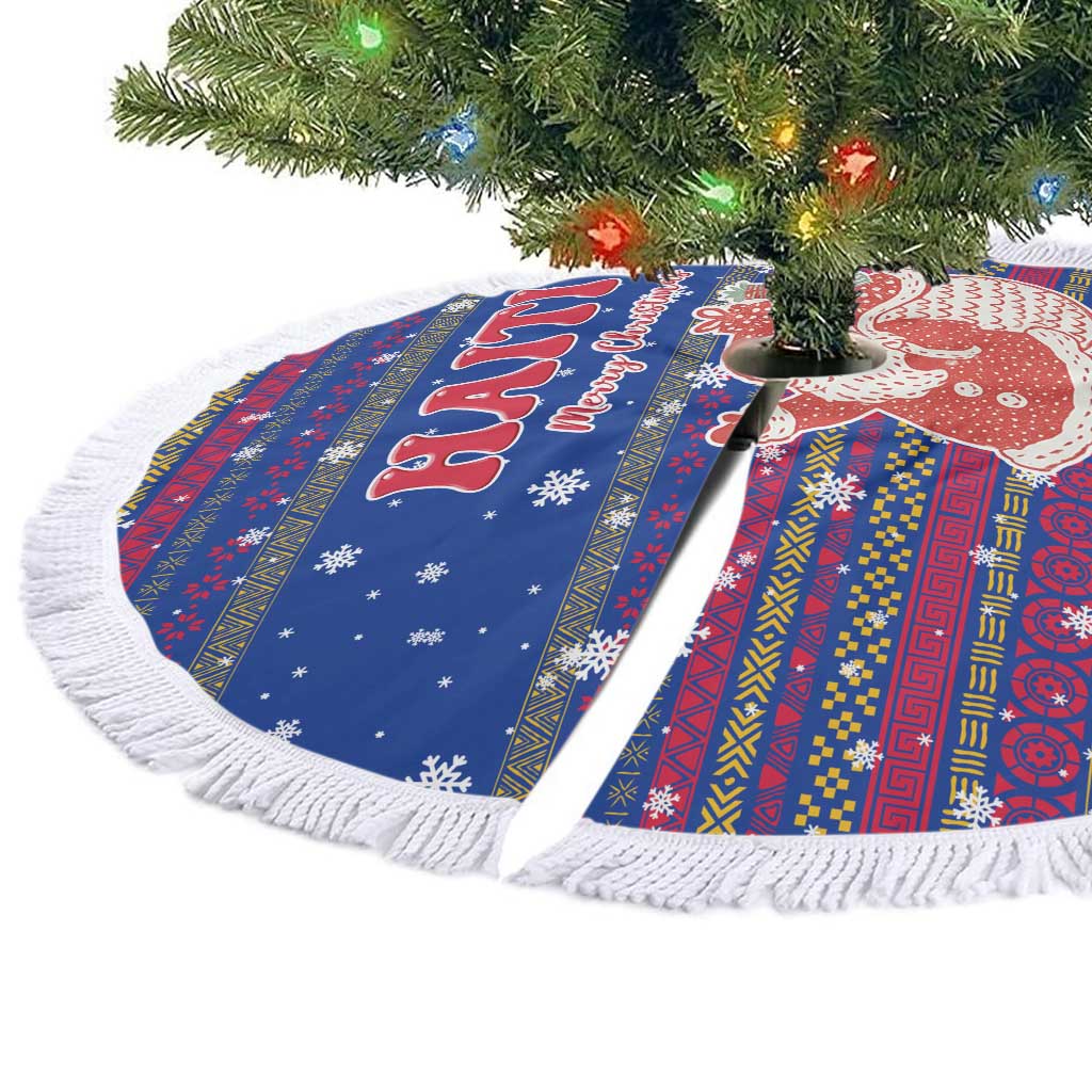 Haiti Christmas Tree Skirt with Blue Red Xmas Santa Snowflake and Map - Wonder Print Shop