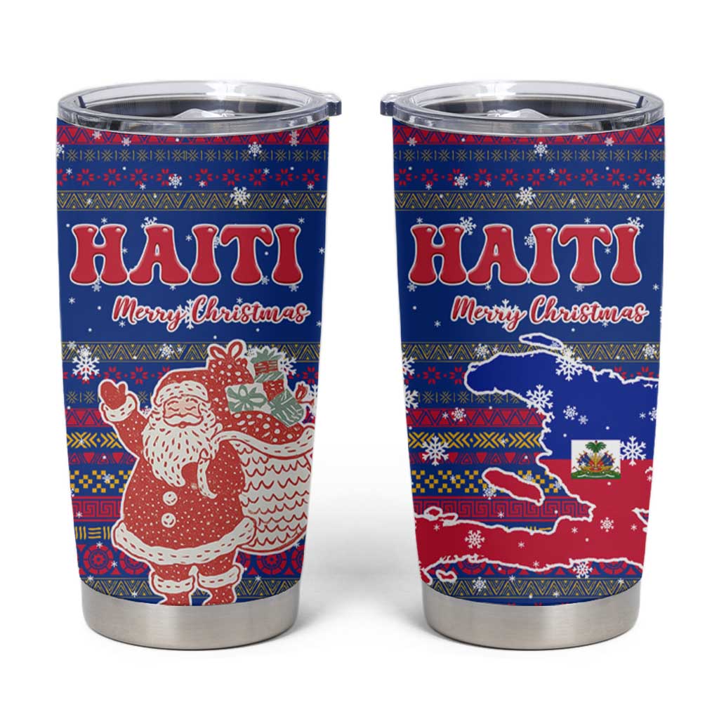 Haiti Christmas Tumbler Cup with Blue Red Xmas Santa Snowflake and Map - Wonder Print Shop