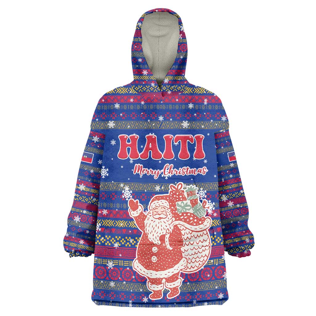 Haiti Christmas Wearable Blanket Hoodie with Blue Red Xmas Santa Snowflake and Map - Wonder Print Shop