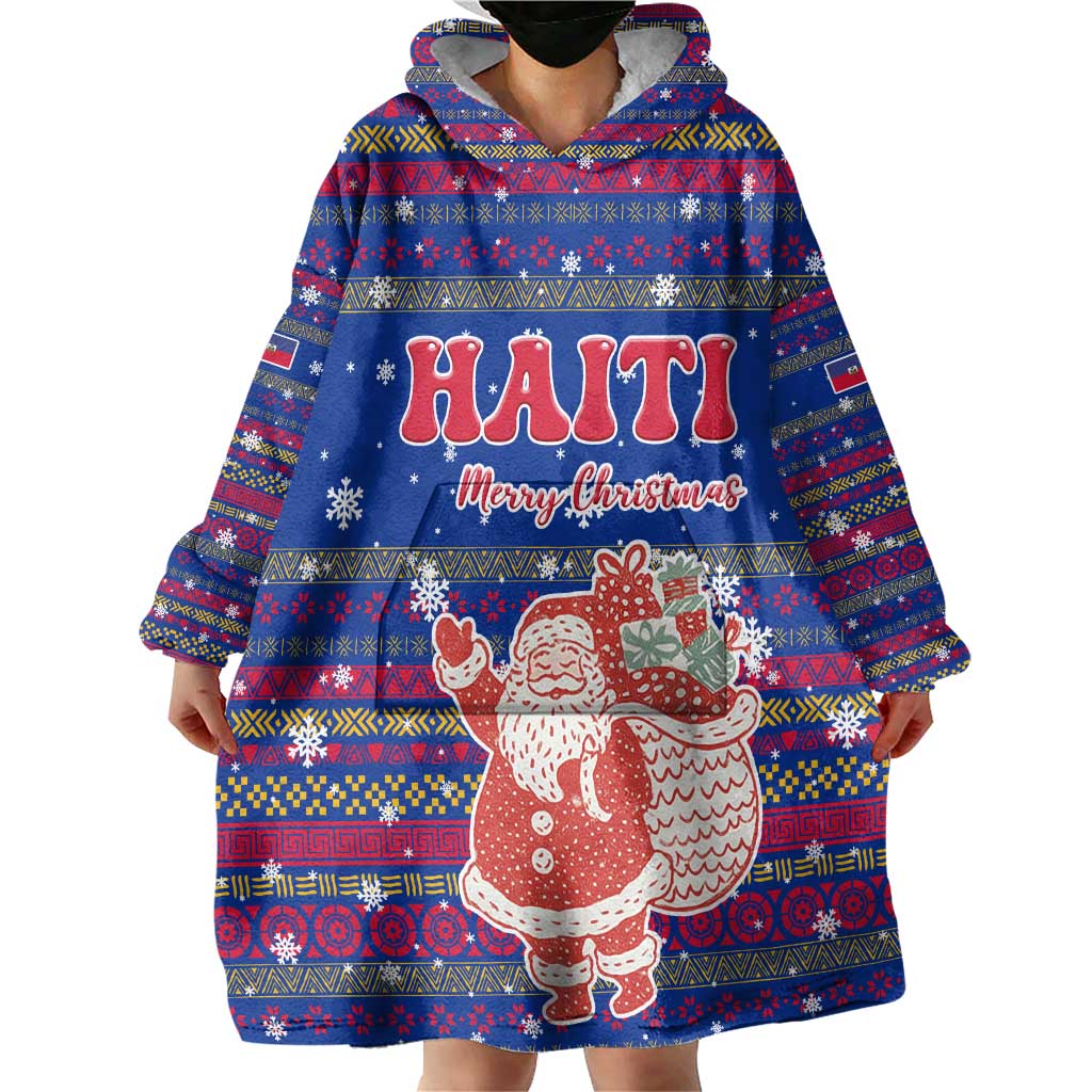 Haiti Christmas Wearable Blanket Hoodie with Blue Red Xmas Santa Snowflake and Map - Wonder Print Shop