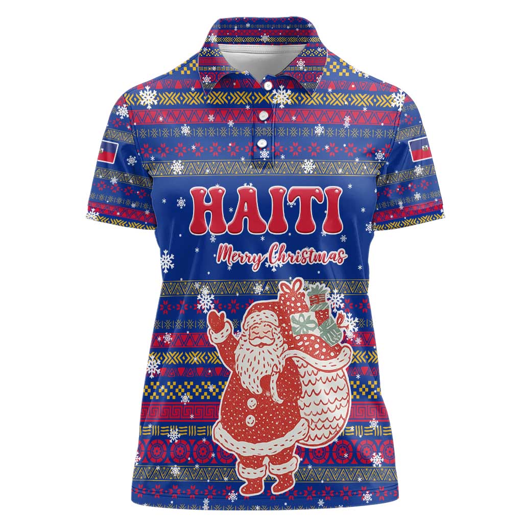Haiti Christmas Women Polo Shirt with Blue Red Xmas Santa Snowflake and Map - Wonder Print Shop