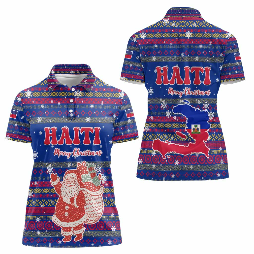 Haiti Christmas Women Polo Shirt with Blue Red Xmas Santa Snowflake and Map - Wonder Print Shop