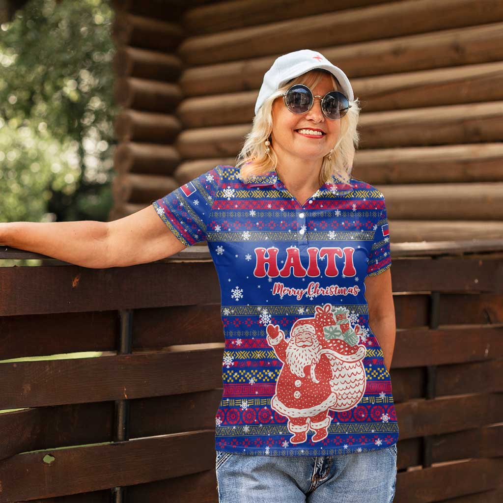 Haiti Christmas Women Polo Shirt with Blue Red Xmas Santa Snowflake and Map - Wonder Print Shop
